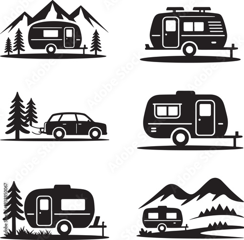 Set of black campervan and caravan icons with trees and mountains isolated on transparent background