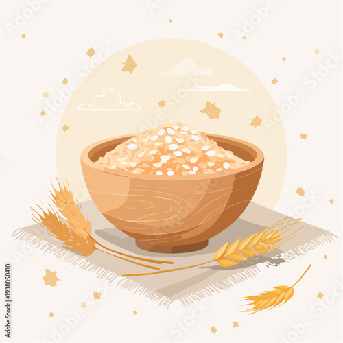 A rustic wooden bowl filled with textured oat flakes sits on a woven cloth adorned with wheat stalks and scattered star shapes against a soft peach background with a gentle cloud formation providing