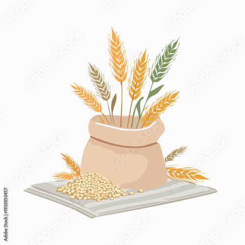 Pixel art illustration of a burlap sack filled with golden wheat stalks and a pile of grains on a striped cloth against a white background representing harvest and agriculture