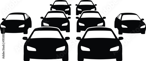 A group of seven black cars arranged in a triangular formation on a white background