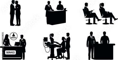 Business and service people silhouettes set including receptionist, customer service desk, office workers, meeting discussion and consultation scenes isolated