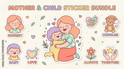Cartoon Mother and Child Sticker Collection.