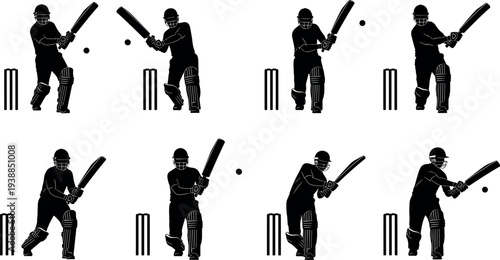 Cricket player batting silhouettes collection showing different batting shots with bat, ball and wicket isolated on white background, sports action vector illustration set
