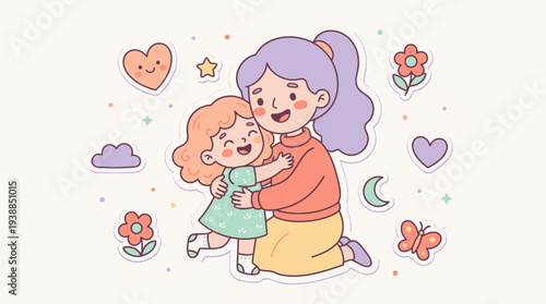 Mother and Daughter Hugging with Love.