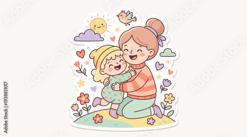 Mother and Daughter Hugging with Love and Flowers.