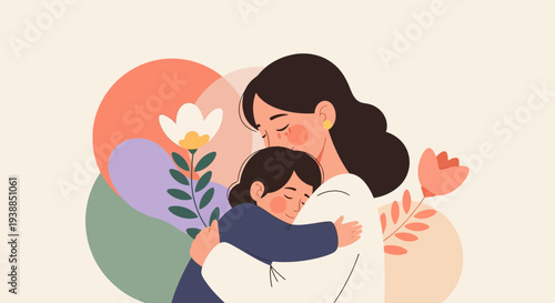 Mother Embracing Child with Flower Illustration.