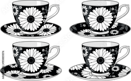 Floral teacup and saucer set with daisy flower pattern, elegant vintage tea cup collection illustration in black and white isolated on white background