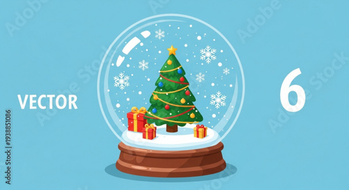 Festive Christmas tree in snow globe with gifts and snowflakes