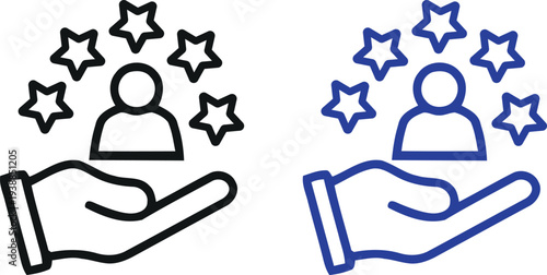 Icon set of two hands holding people with stars