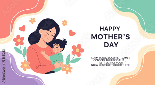 Mother Hugging Child with Flowers Mothers Day.