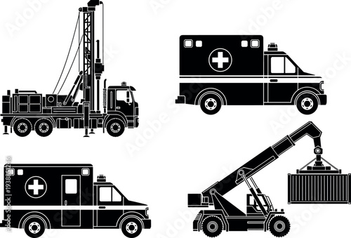 Industrial and emergency service vehicle silhouettes collection with ambulance truck, drilling rig truck and container handler machine isolated on white background illustration set