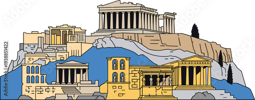 Ancient Greek Acropolis illustration featuring Parthenon, Erechtheion, classical columns, Caryatid Porch, and historic architecture of Athens, Greece landmark