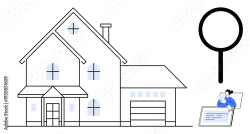 Real estate search. House outline, magnifying glass, and user with mobile. Real estate search visualizes home buying, property discovery, and online research. For housing, property apps and finance