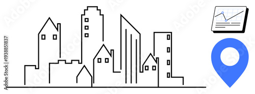 Modern urban skyline in simple line art with a blue location pin and analytic chart. Ideal for urbanization, digitalization, data analysis, navigation, smart city planning, real estate, technology