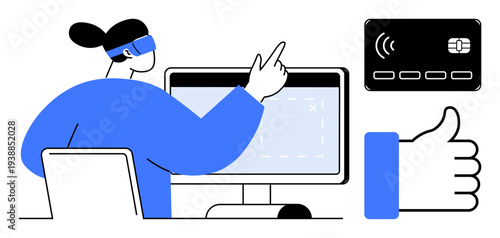 Digital payment concept. Digital payment process via contactless credit card, user interacting with a computer, and a thumbs-up gesture. Perfect for e-commerce, fintech, online shopping, digital