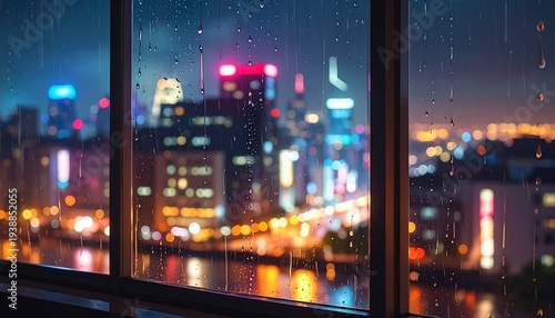 A nighttime cityscape view through a window