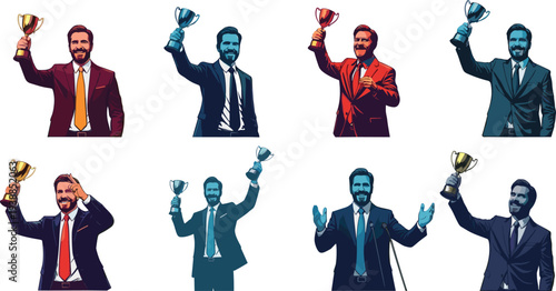 Businessman holding trophy celebrating success achievement award ceremony illustration vector concept leadership winner competition victory recognition celebration