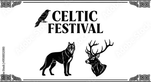 Celtic festival design featuring animals a bird and antlers on transparent background silhouette
