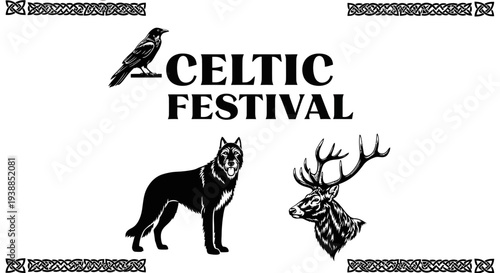 Celtic festival design featuring animals and antlers on transparent background silhouette