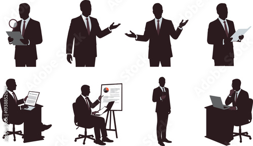 Businessman silhouette working with laptop, documents, presentation board, and communication gestures representing corporate office tasks and professional activities