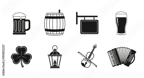 Irish themed icons featuring beer music and clover on transparent background silhouette