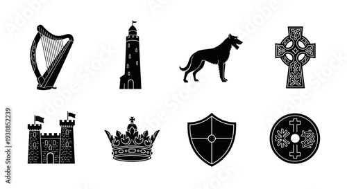 Irish symbols including a harp castle and wolf silhouette on transparent background