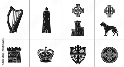 Irish symbols collection featuring a harp towers and crosses silhouette on transparent background
