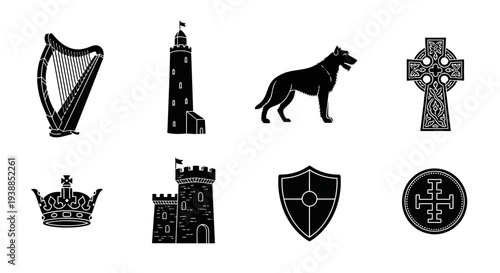 Irish symbols including harp towers dog and crosses silhouette on transparent background