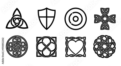 Collection of celtic knots and shapes in black silhouette on transparent background