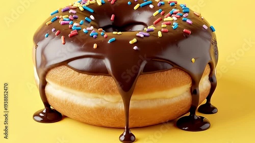 A mouth-watering, freshly baked ring donut is sumptuously covered with a thick, glossy stream of rich chocolate frosting, beautifully cascading down its golden-brown sides. Vibrant, multicolored sprin