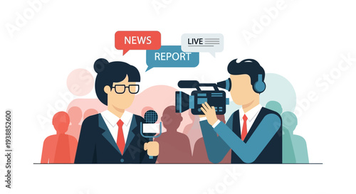 This flat design illustration captures the bustling atmosphere of a Cannes Film Festival press conference, featuring media professionals with minimalist microphones and cameras.