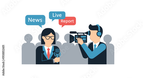 This flat design illustration captures the bustling atmosphere of a Cannes Film Festival press conference, featuring media professionals with minimalist microphones and cameras.