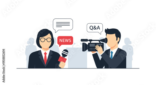 This flat design illustration captures the bustling atmosphere of a Cannes Film Festival press conference, featuring media professionals with minimalist microphones and cameras.