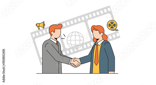 A flat design illustration depicting two stylized filmmakers, a director and a producer, collaborating internationally at the Cannes Film Festival.