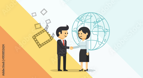 A flat design illustration depicting two stylized filmmakers, a director and a producer, collaborating internationally at the Cannes Film Festival.