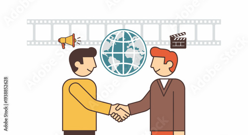 A flat design illustration depicting two stylized filmmakers, a director and a producer, collaborating internationally at the Cannes Film Festival.