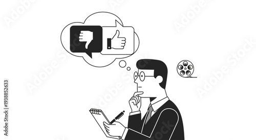 A flat design illustration of a film critic reviewing a movie, symbolizing the critical evaluation aspect of the Cannes Film Festival. The minimalist style conveys contemplation and judgment.