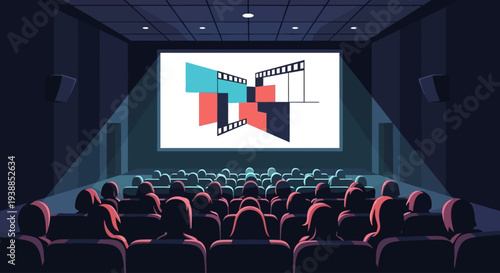 A flat design illustration showing a captivated audience watching a film screening in a dark cinema hall, representing the core experience of the Cannes Film Festival. 