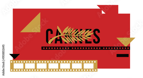 An abstract flat design illustration of an official Cannes Film Festival poster, incorporating bold typography, a golden palm leaf, and film strip elements. 