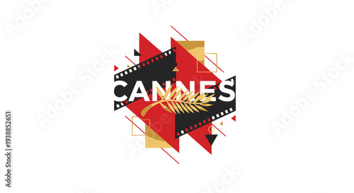 An abstract flat design illustration of an official Cannes Film Festival poster, incorporating bold typography, a golden palm leaf, and film strip elements. 
