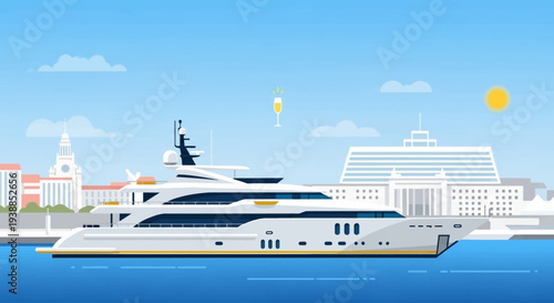This flat design illustration showcases the luxurious side of the Cannes Film Festival, featuring an elegant yacht docked in the harbor with the Palais des Festivals in the background. 