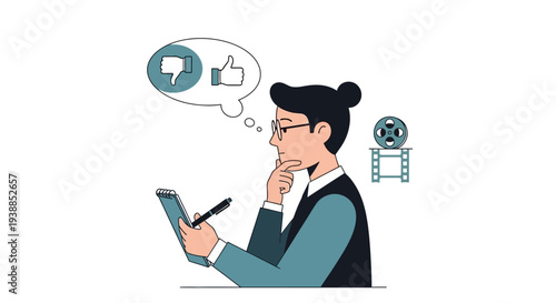 A flat design illustration of a film critic reviewing a movie, symbolizing the critical evaluation aspect of the Cannes Film Festival. The minimalist style conveys contemplation and judgment.