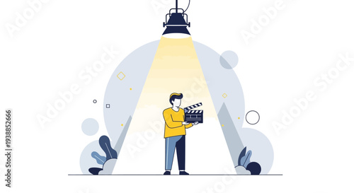 This flat design illustration depicts a spotlight illuminating a new talent holding a clapperboard, symbolizing emerging filmmakers at the Cannes Film Festival. 