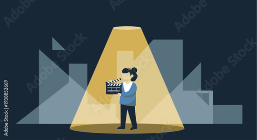 This flat design illustration depicts a spotlight illuminating a new talent holding a clapperboard, symbolizing emerging filmmakers at the Cannes Film Festival. 