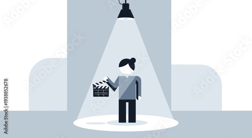 This flat design illustration depicts a spotlight illuminating a new talent holding a clapperboard, symbolizing emerging filmmakers at the Cannes Film Festival. The minimalist style conveys inspiratio