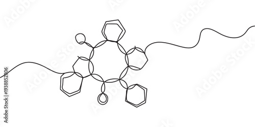 Molecular Structure Diagram with Hexagonal Rings and Lines on White Background