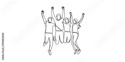 Hand drawn diverse team celebrating success with raised arms in unity illustration