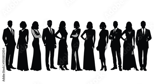 Diverse group of business professionals in formal attire standing confidently in a row with varying poses and expressions showcasing corporate style and teamwork.