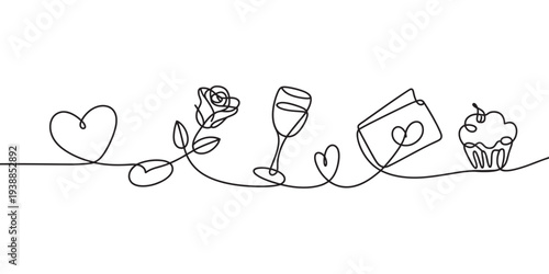 Continuous Line Drawing of Love Symbols with Wine Glass and Rose