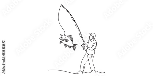Fisherman catching fish with net in river traditional outdoor activity black and white illustration